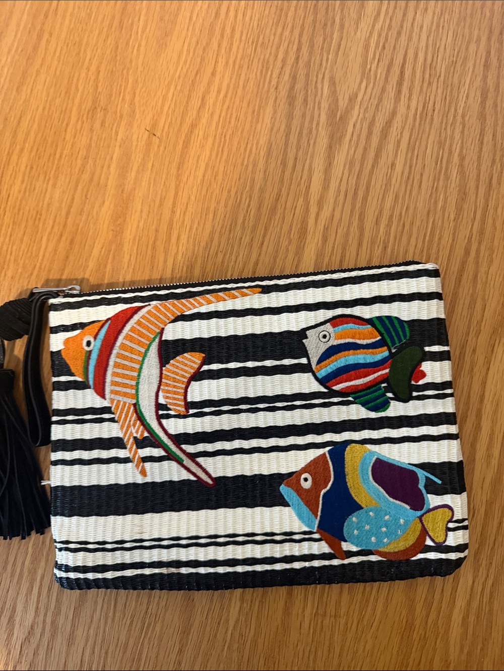 Sam Edelman Black & White Striped Wristlet with Colorful Embroidered Fish